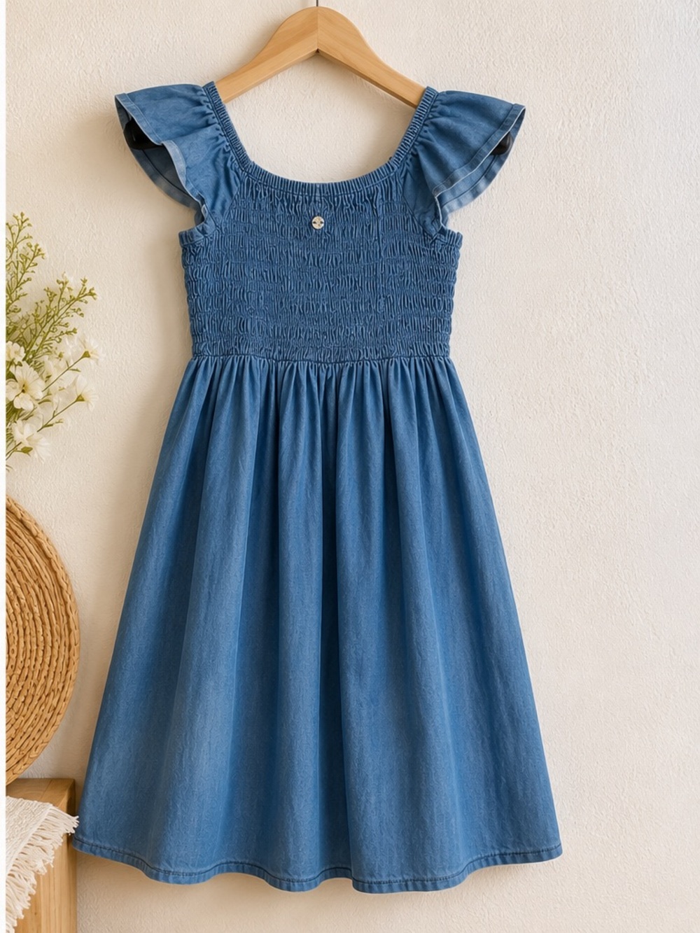 Roxy Denim-Style Blue Smocked Ruffle Sleeve Dress
